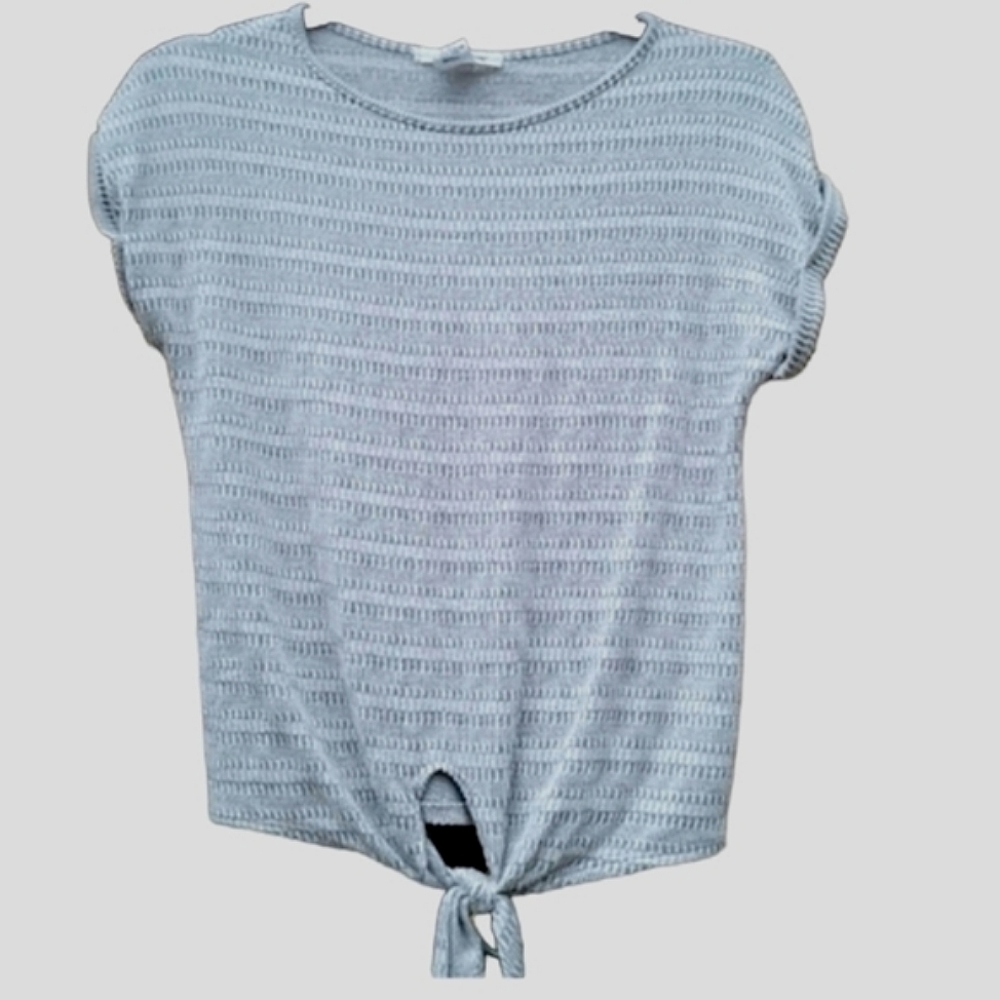 Front Knot "Caution To The Wind" Textured Top, Stripes Gray, Small